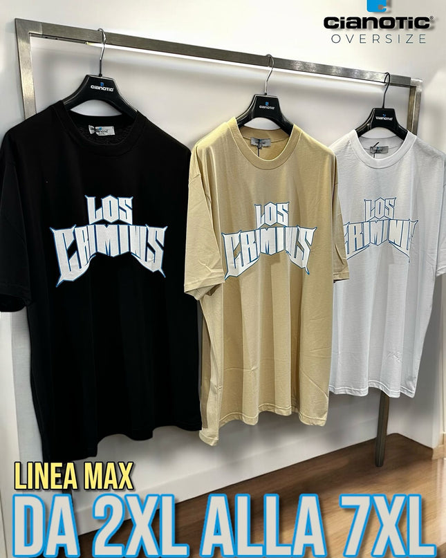 T-shirt Taglie Forti Uomo 'Los Crimos' Stile Streetwear Oversize in Nero, Beige e Bianco